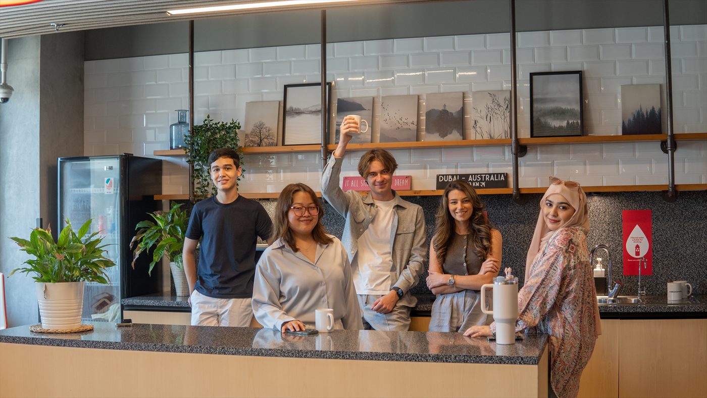 Murdoch University Dubai students together in the campus community kitchen